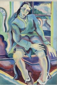 Colourful watercolour painting of a seated woman wearing slippers dated 1933